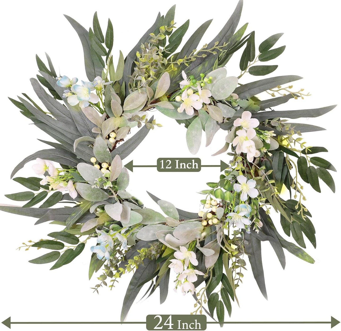 4 Inch Lambs Ear Spring Wreaths for Front Door Year Round Outside, Artificial Spring Summer Easter Floral Wreath with Timer Lights, Eucalyptus Berries &#x26; Orchids, Green Handmade Farmhouse Home Decor