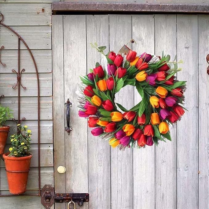 Tulip Wreath for Front Door, 18 Inch Spring Red Tulip Flower Wreath with Green Leaves Wreaths for All Seasons Window Wall Wedding Holiday Party Farmhouse Decorations Indoor Outdoor