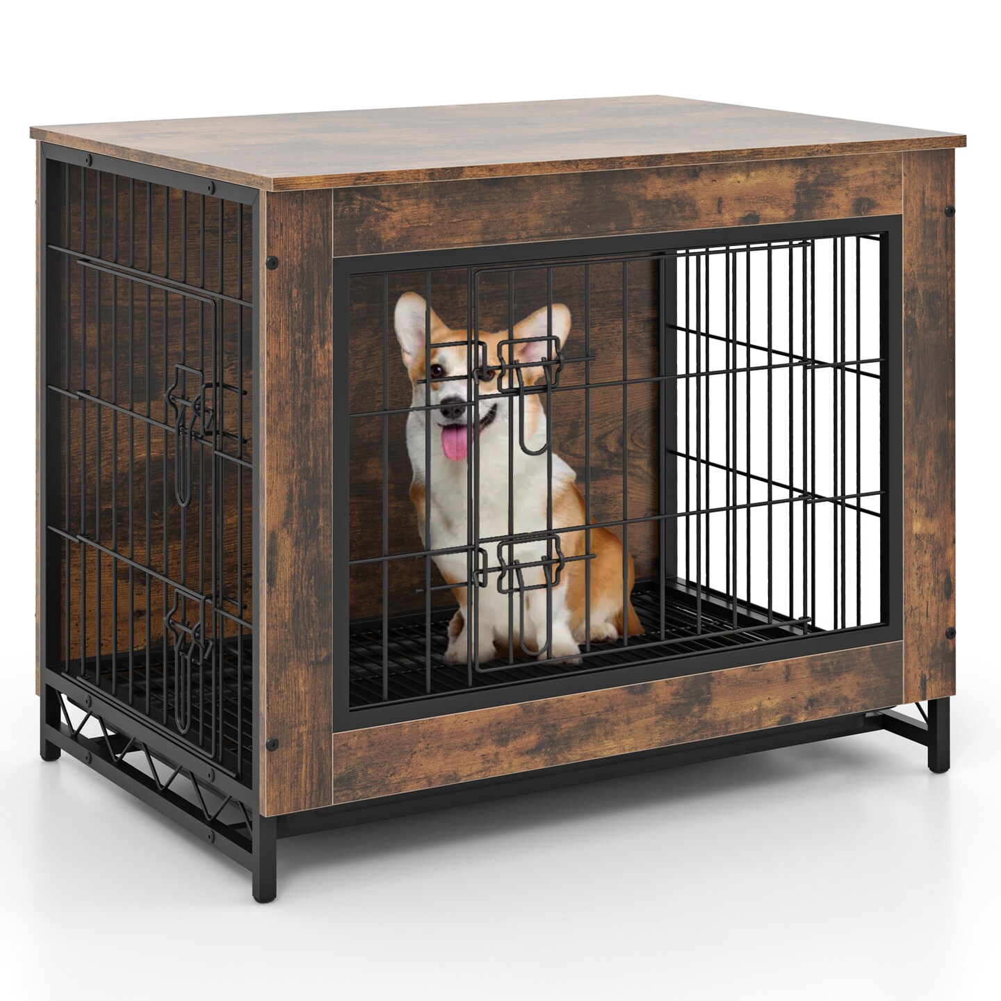 Rustic Brown MDF Metal Dog Crate Furniture with Dual Lockable Doors and Pull-Out Tray