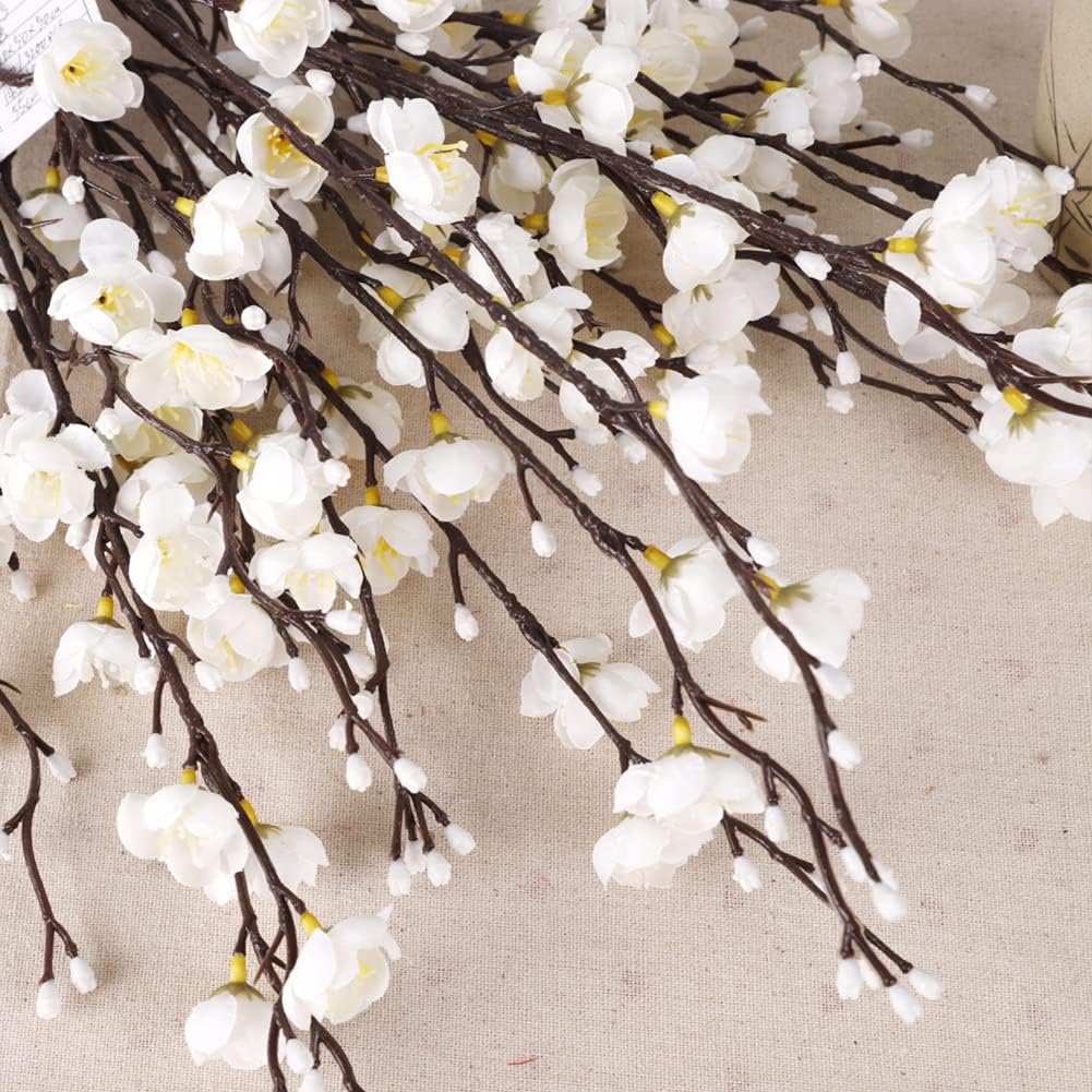 6 Pcs Artificial Plum Blossom Fake Wintersweet Long Stem Plastic Flowers Home Hotel Office Wedding Party Garden Decor 21.5&#x27;&#x27; High White