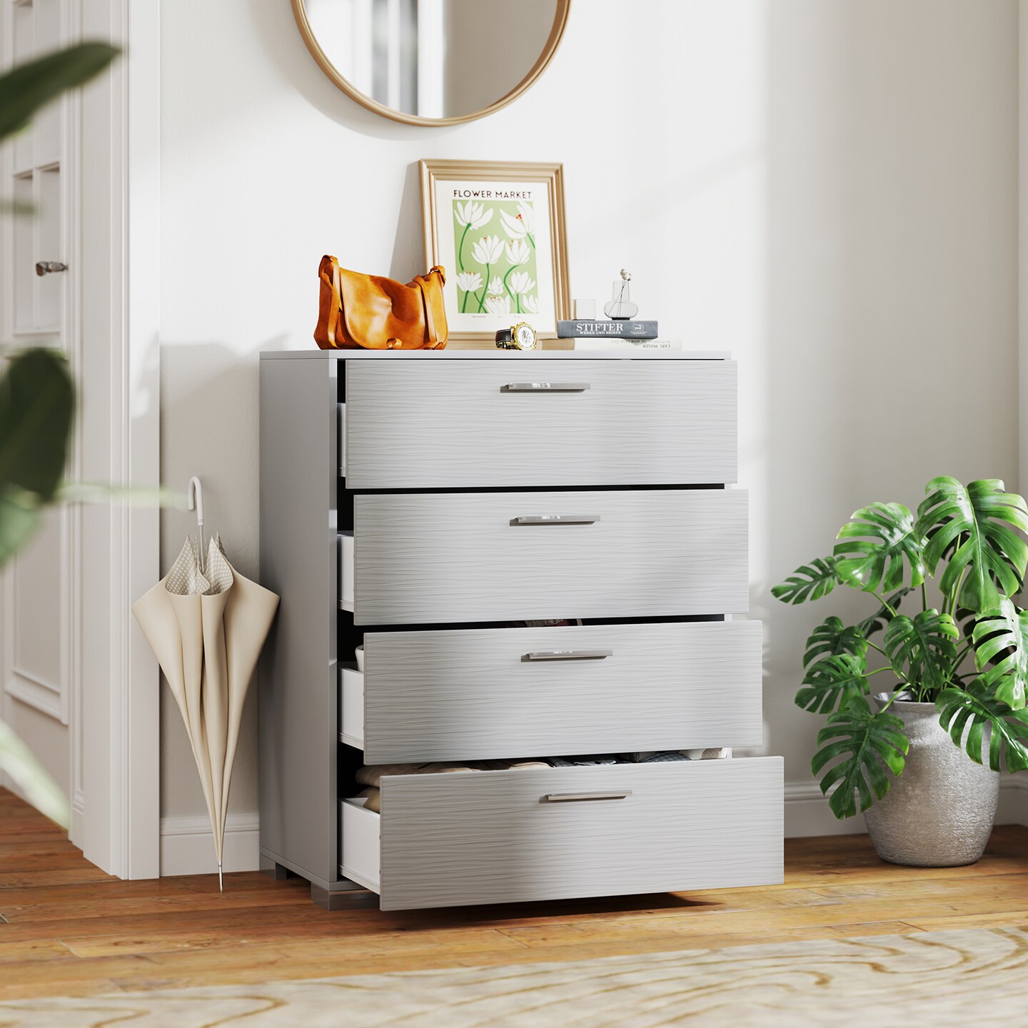 Engineered Wood Dresser with 4 Drawers Storage Cabinet, Metal Legs and Modern Design