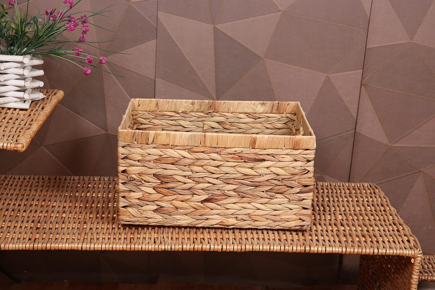 Rectangular Spring Woven Water Hyacinth Storage Baskets with inside Handle for Shelves Bathroom Kitchen Office Desk