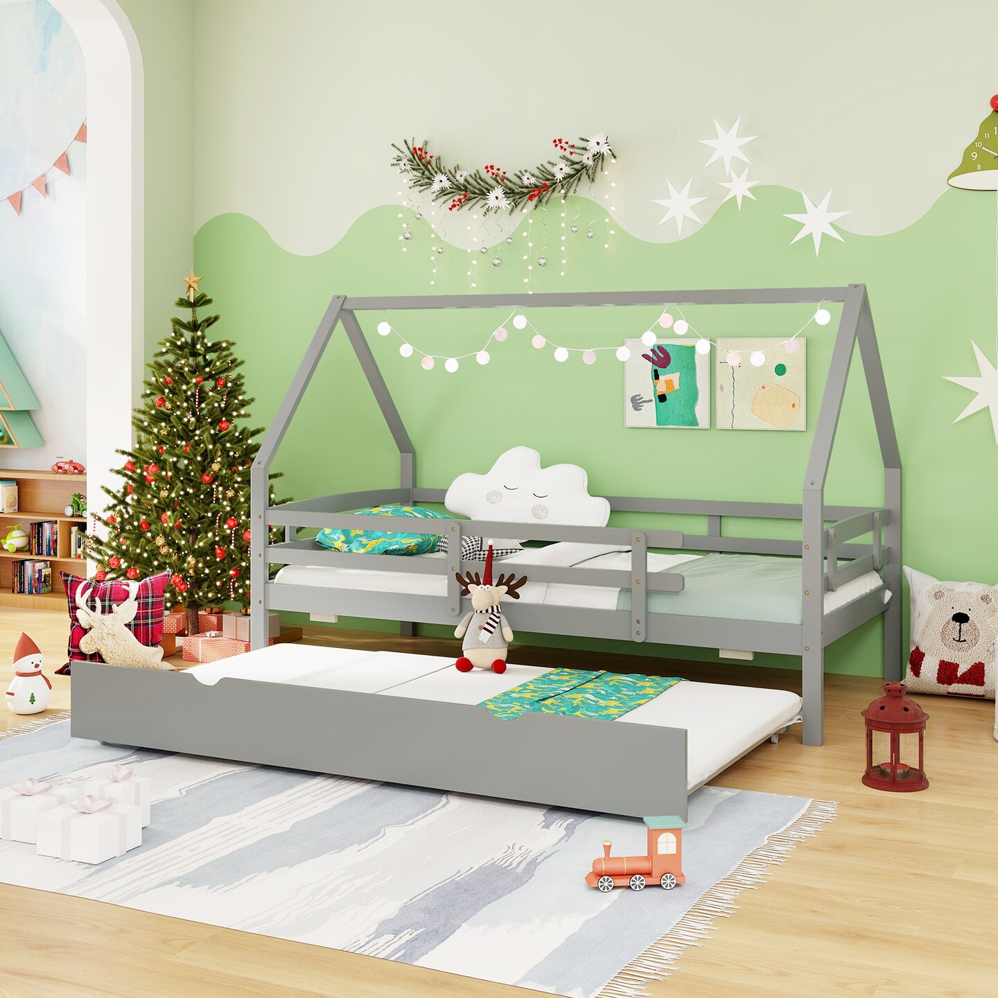 Twin House Bed with Trundle and Fence Rail for Kids Room