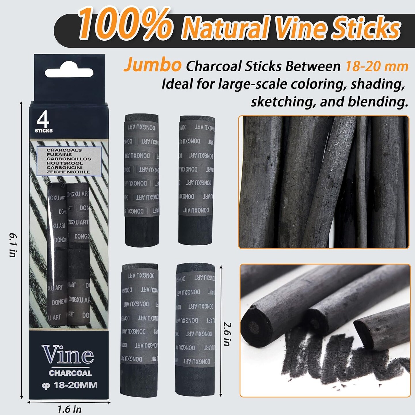 Vine Charcoal Sticks, 18-20 MM Jumbo Vine Charcoal Pencils for Artists, Beginners, 4 Pcs Natural Charcoal Stick for Sketching, Drawing, and Shading