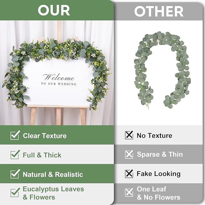 2 Pack Artificial Eucalyptus Garland with Flowers,Faux Greenery Garland Decor 5.9FT Fake Vines Hanging Spring Garlands for Bedroom Wedding Backdrop Arch Wall Centerpiece Table Outdoor Decor