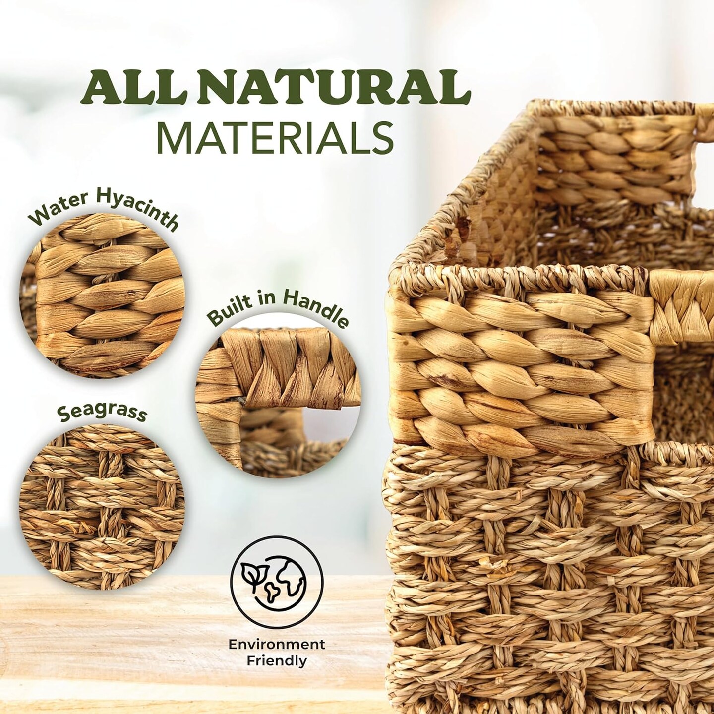 Spring Large Wicker Storage Basket with handles, Natural, Woven, Seagrass and Hyacinth Organizing Baskets for Shelves, Pantry, Bathroom