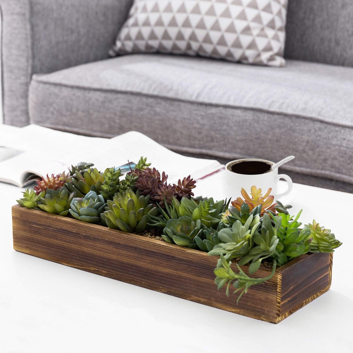 Artificial Succulent Centerpiece, 15.75 Inch Faux Succulents Arrangement Plants in Rustic Burnt Wood Rectangular Planter Box
