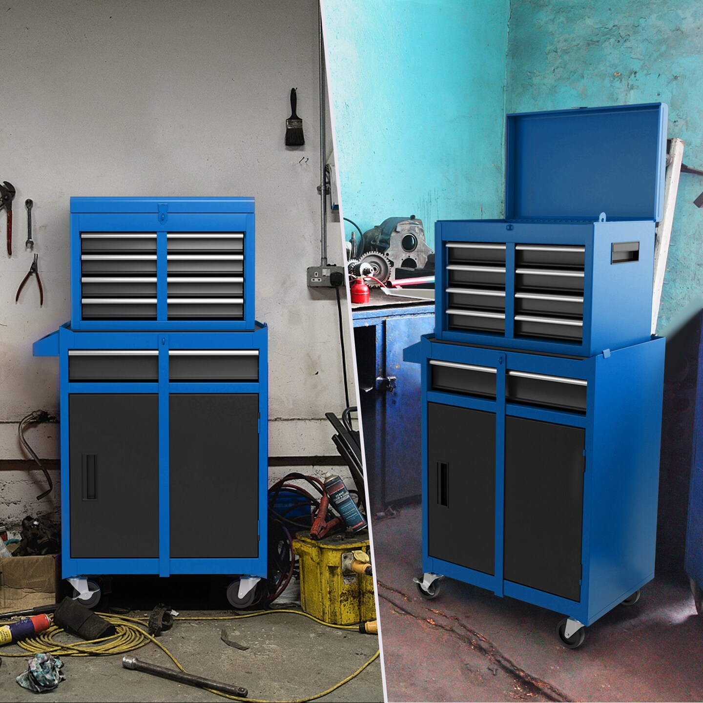2-in-1 Tool Chest Cabinet with 5 Sliding Drawers and 4 Universal Wheels Perfect for Garage or Workshop
