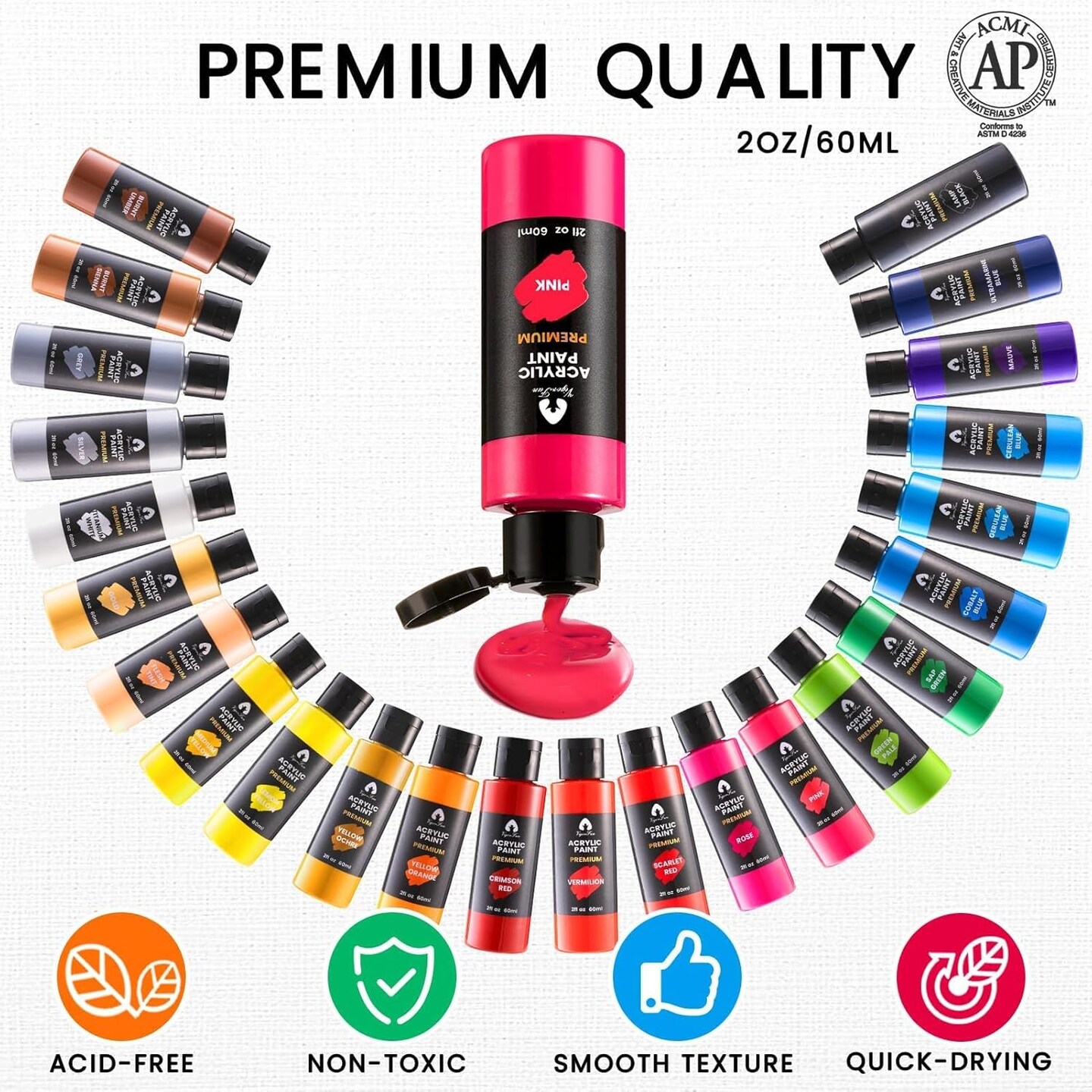 40 Pcs Acrylic Paint Set with 12 Brushes, 2 Knives & Palette - 24 Colors (2oz/60ml) for Adults, Kids, Artists & Beginners - Easter Basket Stuffers, Rock & Egg Painting Kit