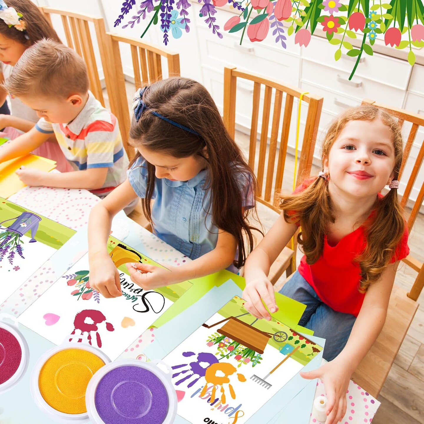 30 Pcs Spring Flower Handprint Activity Crafts Greeting Cards with 3 Pcs Large Ink Pads Spring DIY Craft Kits Break Activity Gift Supplies