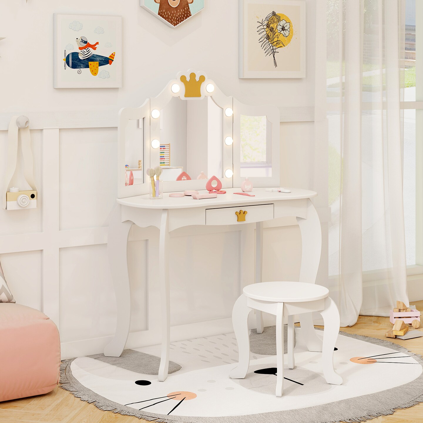 MDF and Acrylic Kids Vanity Set with Tri-Fold Mirror, LED Lights and Storage