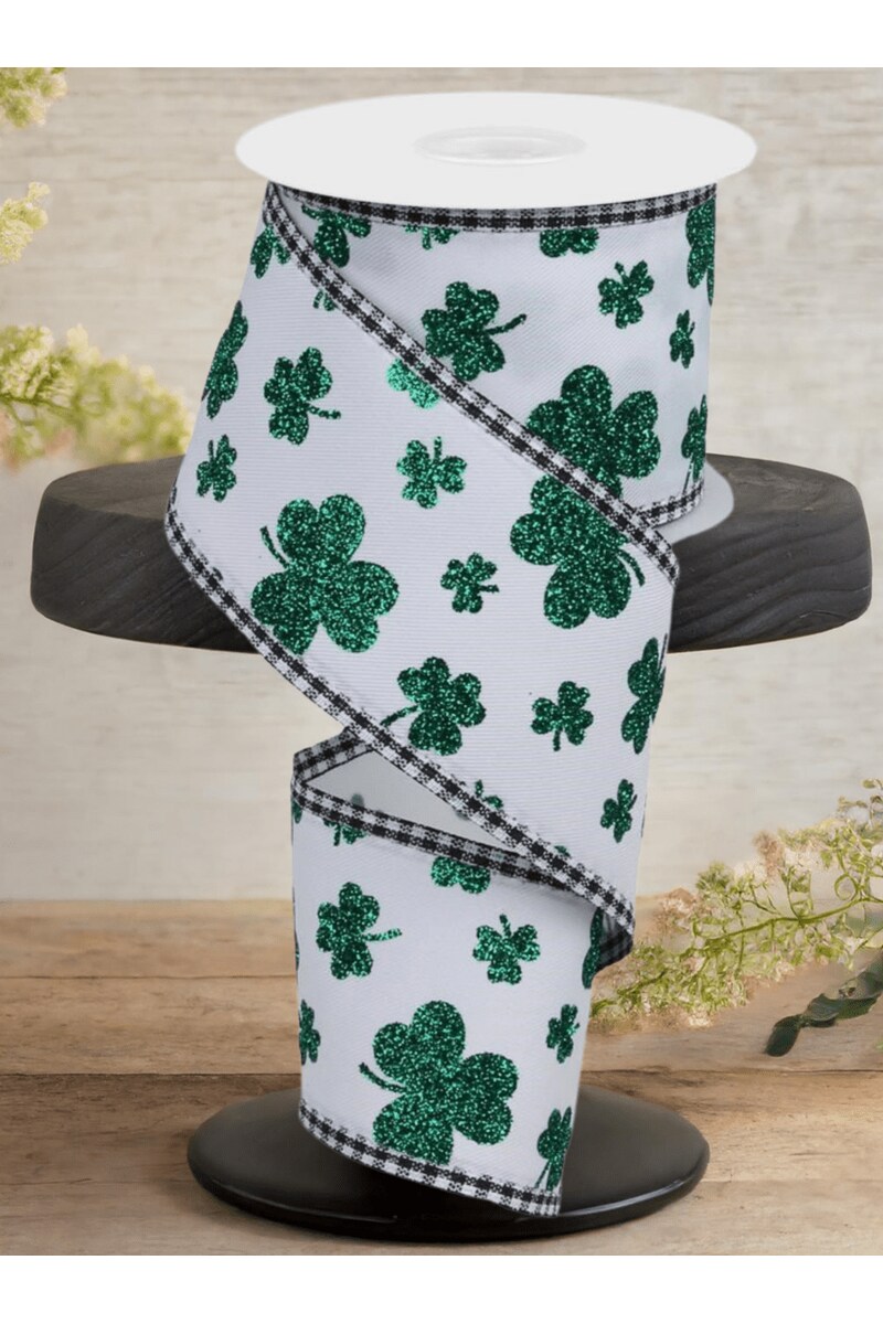 2.5&#x22; Glitter Shamrocks Gingham Ribbon: White (10 Yards)