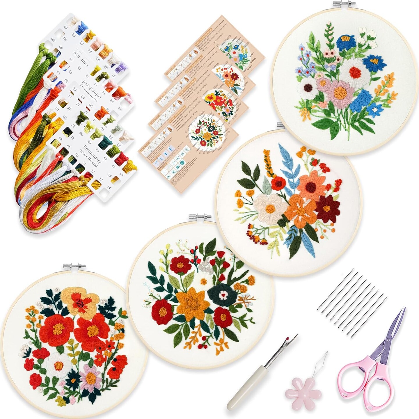 4 Sets Embroidery Kit for Beginners – Easy Stamped Floral Pattern Needlepoint Kit with Bamboo Hoops, Needles & Fabric, DIY Hand Embroidery Craft for Home Decor (Flower-4)