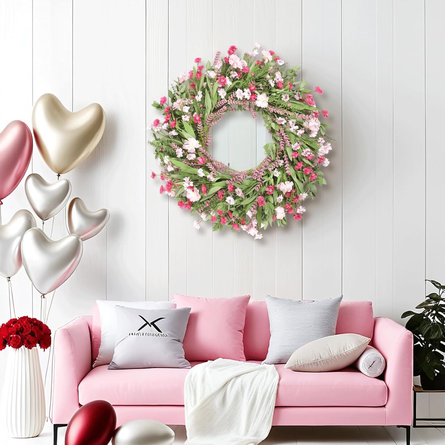 26&#x22; Spring Wreaths for Front Door Artificial Floral Wreath with Wildflowers Decorations for Indoor Outdoor Window Wall Farmhouse Porch Home Decor Cherry Blossom Pink