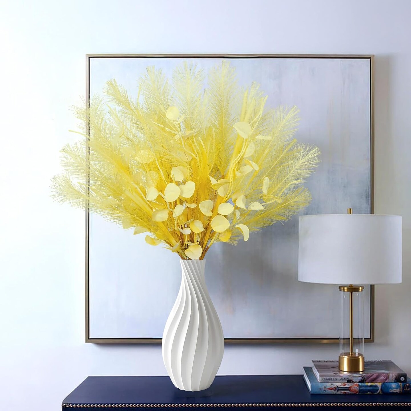 28" Faux Pampas Grass Plume Yellow Faux Fluffy Pampas Grass Bulk Silk Flowers with Eucalyptus Stems Filler for Floral Arrangment