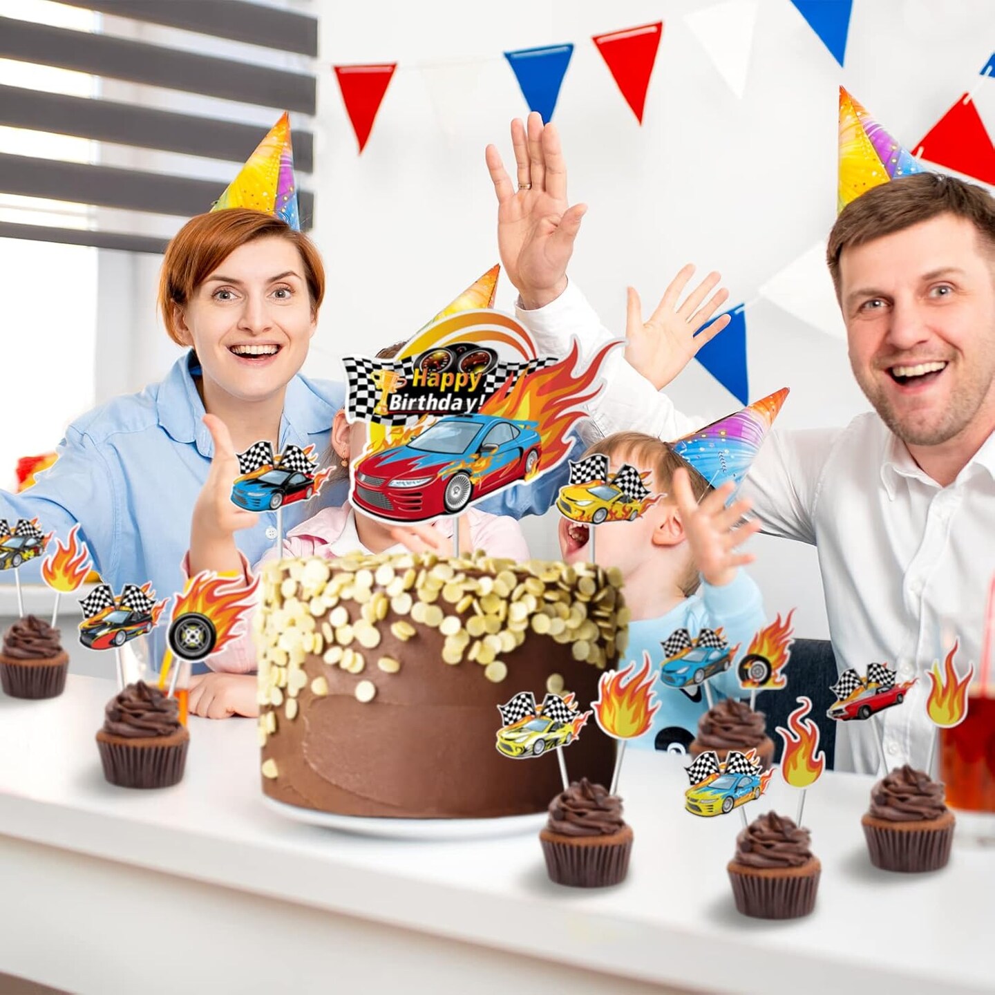 55PCS Race Car Cupcake Toppers – Wheels & Checkered Flag for Birthday Party Decorations