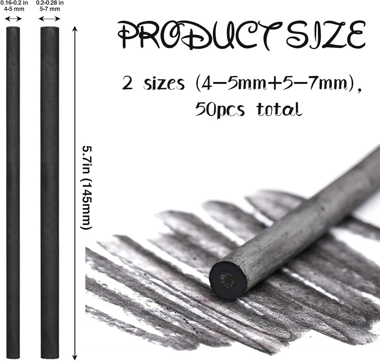 Soft Willow Drawing Charcoal 50 Pieces Natural Willow Charcoal Sticks for Drawing, Sketching Shading Artists Beginners or Students of All Skill Levels Supplies, 2 Box 4 - 5 mm 5 - 7 mm in Diameter