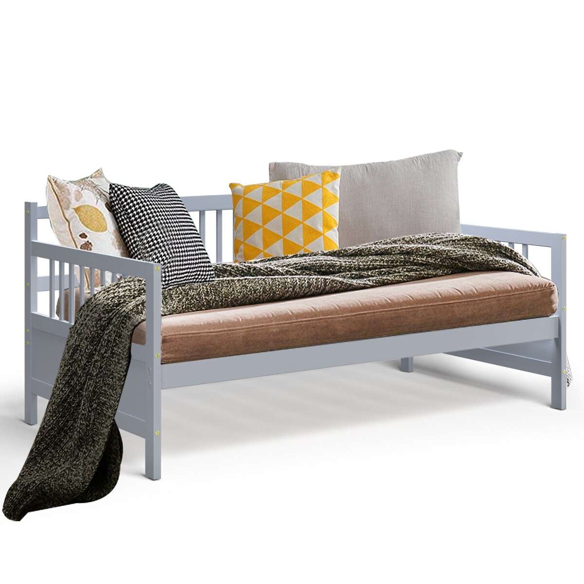 Twin Size Wooden Slats Daybed Bed with Rails Perfect for Living Room and Kids Room or Guest Room