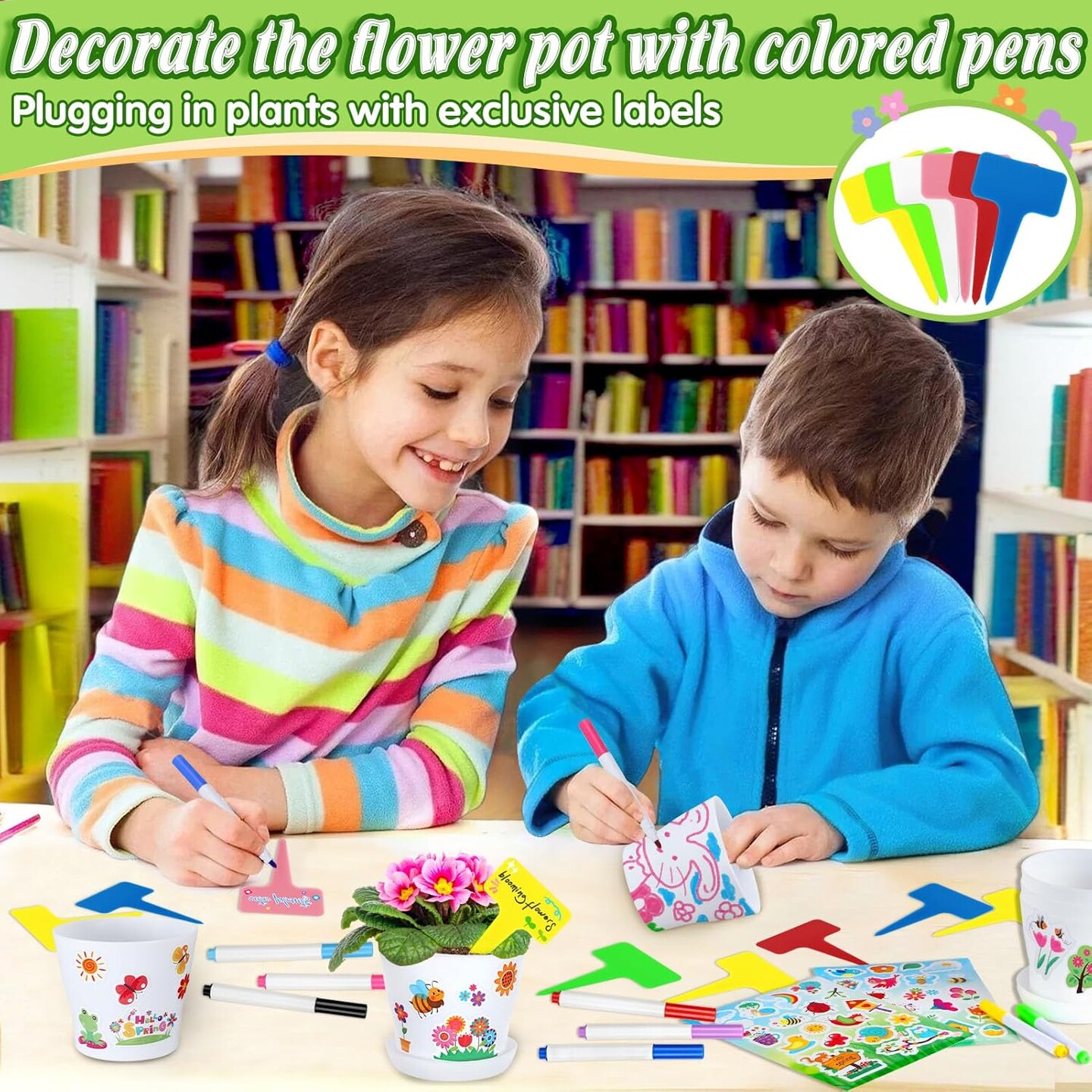 Set Paintable Flower Pot Activity Craft Kit - with Watercolor Pens, Plant Labels, and Stickers &#x2013; DIY Gardening Gift for Kids, Fun Activity for Boys and Girls