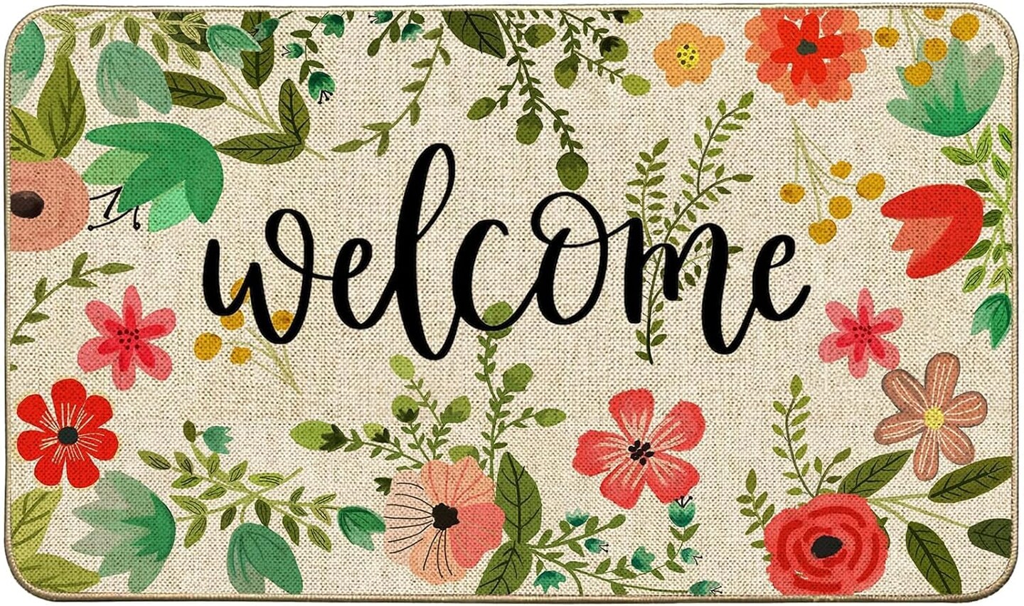 Spring Summer Floral Doormat Rug Boho Flower Leaf Welcome Outdoor Outside Doormat Mat Non Slip Rubber Backing Entrance Seasonal Indoor Front Kitchen Decoration 17 x 29 Inch