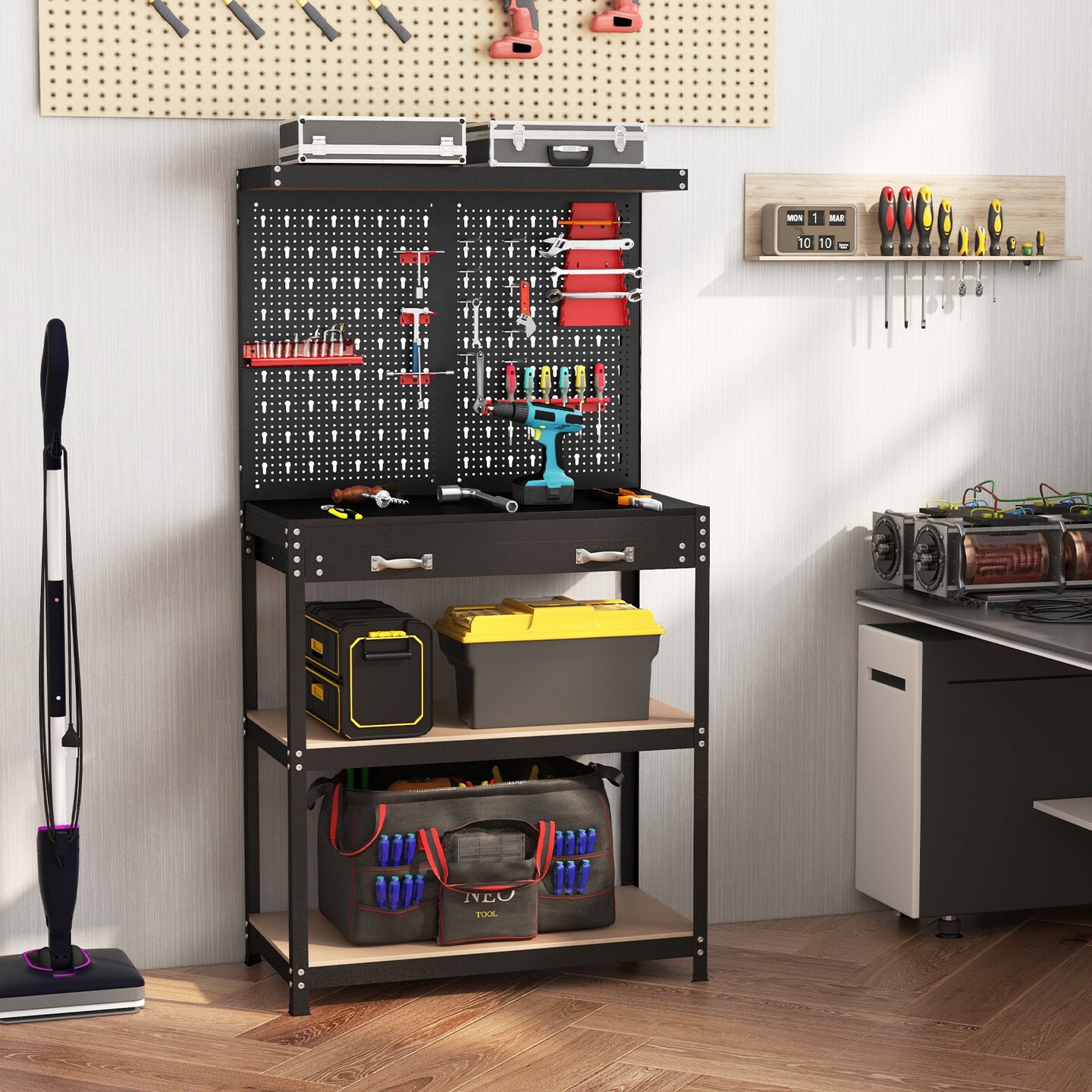 Freestanding Tool Storage Workbench with Pegboard with 14 Hanging Accessories and 2 Drawers