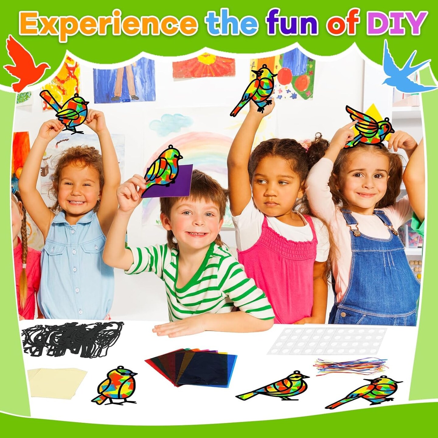 2 Sets Spring Bird Suncatchers Activity Craft Kit DIY Birds Window Stained Glass Effect Paper