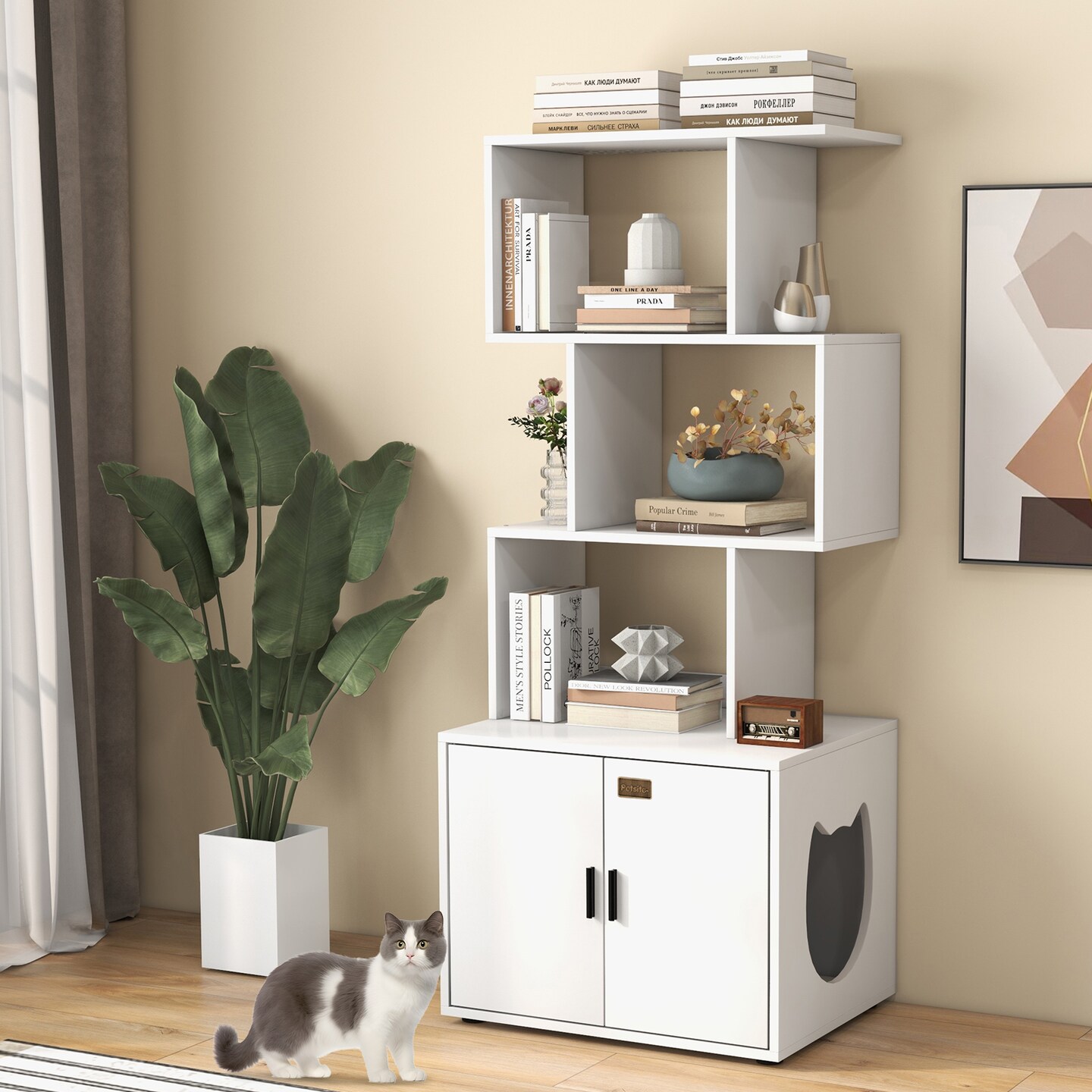 MDF Metal Cat Cabinet with Shelves and Litter Box Enclosure
