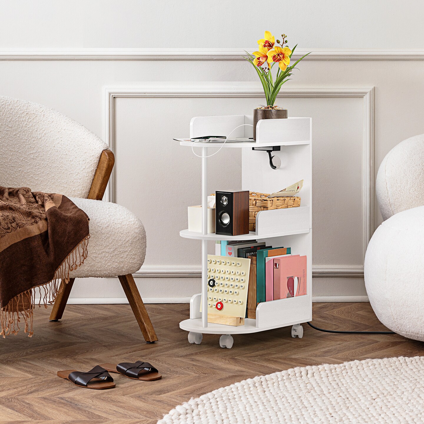 Compact 3-Tier Rolling Side Table with Built-In Charging Station - 2 USB Ports, Outlets, Edge Protection & Wheels for Bedroom, Living Room, Office, Small Spaces