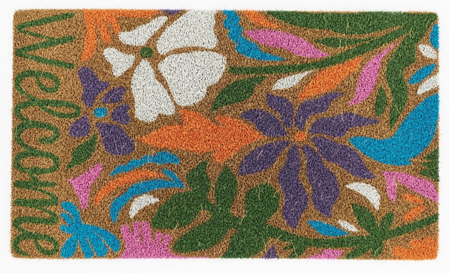 Spring Welcome Bike with Flowers and Welcome Floral, Floral Design Natural Coir Fiber Doormat, Perfect for Any Entryway, Anti-Slip Mat Backing (Floral)