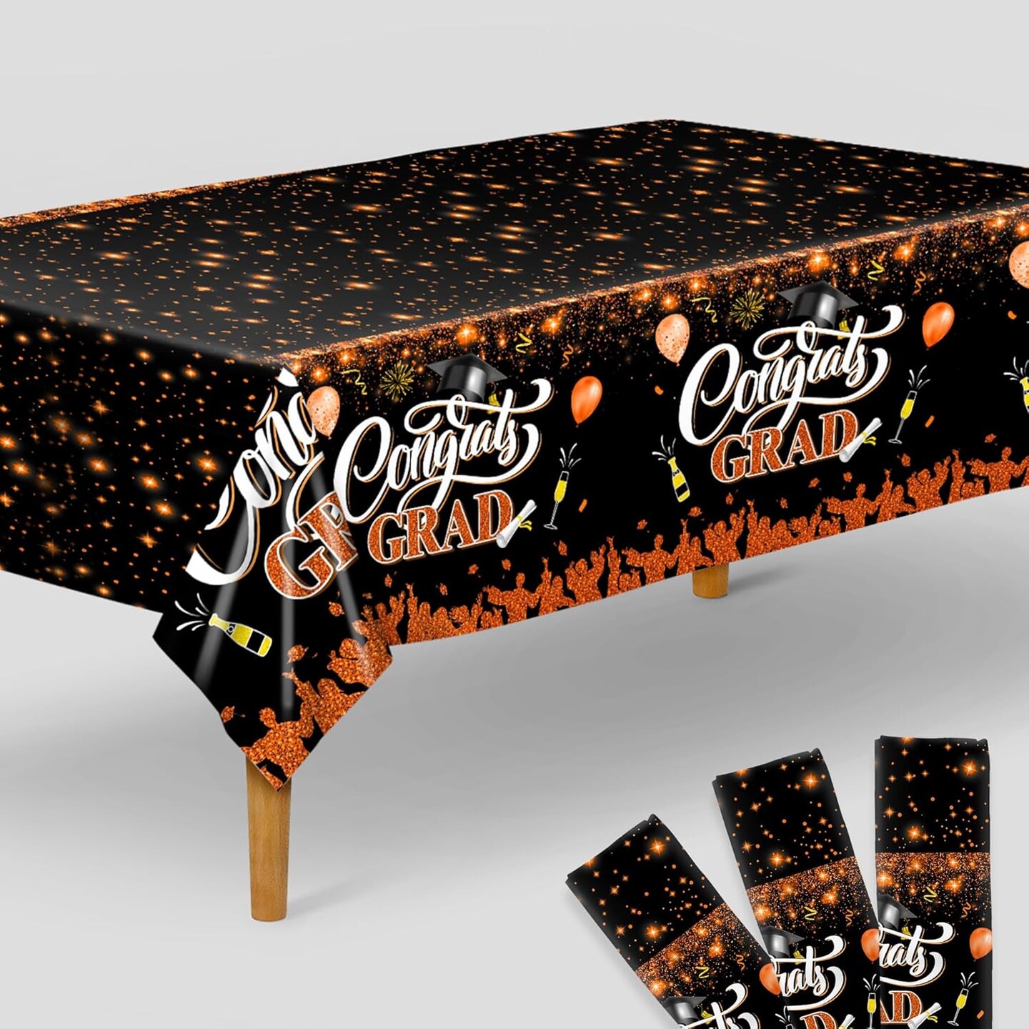Orange and Black Graduation Tablecloth - XtraLarge 108x54 Inch, Pack of 3 | Congrats Grad Tablecloth for Graduation Decorations 2025 | Orange and Black Graduation Decorations Class of 2025