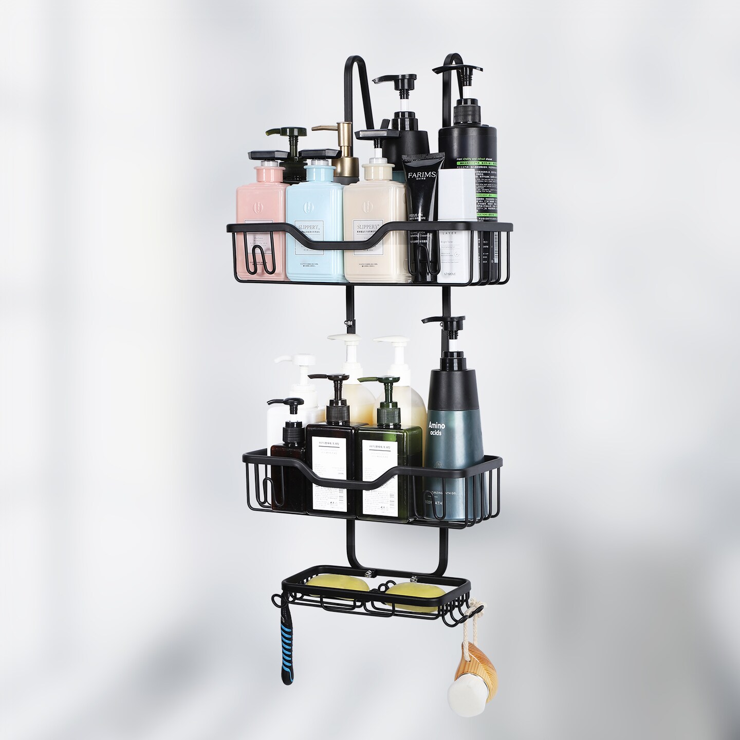 3-Tier Rustproof Shower Caddy with 4 Hooks – No Drill Hanging Bathroom Organizer, 40 lb Capacity, Adhesive Suction Cups for Shampoo, Soap, Towels