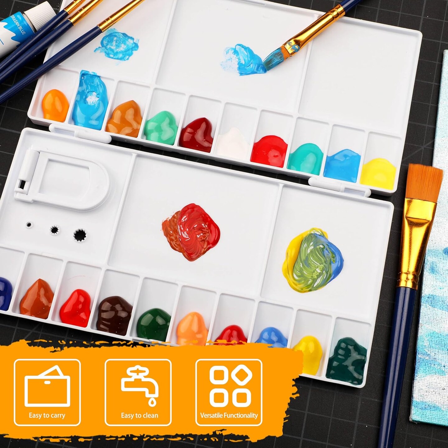 Paint Palette with 20-Well and 5 Mixing Areas, Folding Paint Tray with Thumbhole and Paint Brush Holder, Plastic Painting Palette