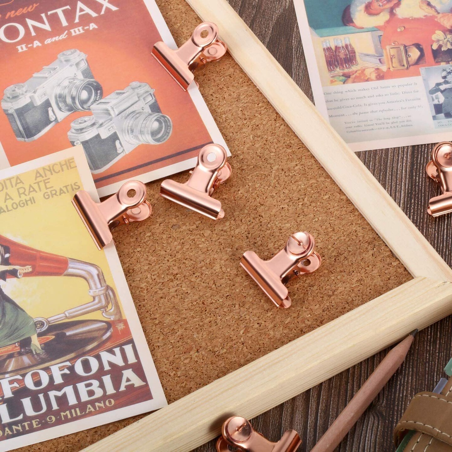 20 Pack Metal Clips with 20 Push-pins for Corkboard,Bulldog Clips for Hanging Pictures,Small Hinge Clips for Photos Crafts,Mini Binder Clips Paper File Clamps(1.25 Inch,Rose Gold)