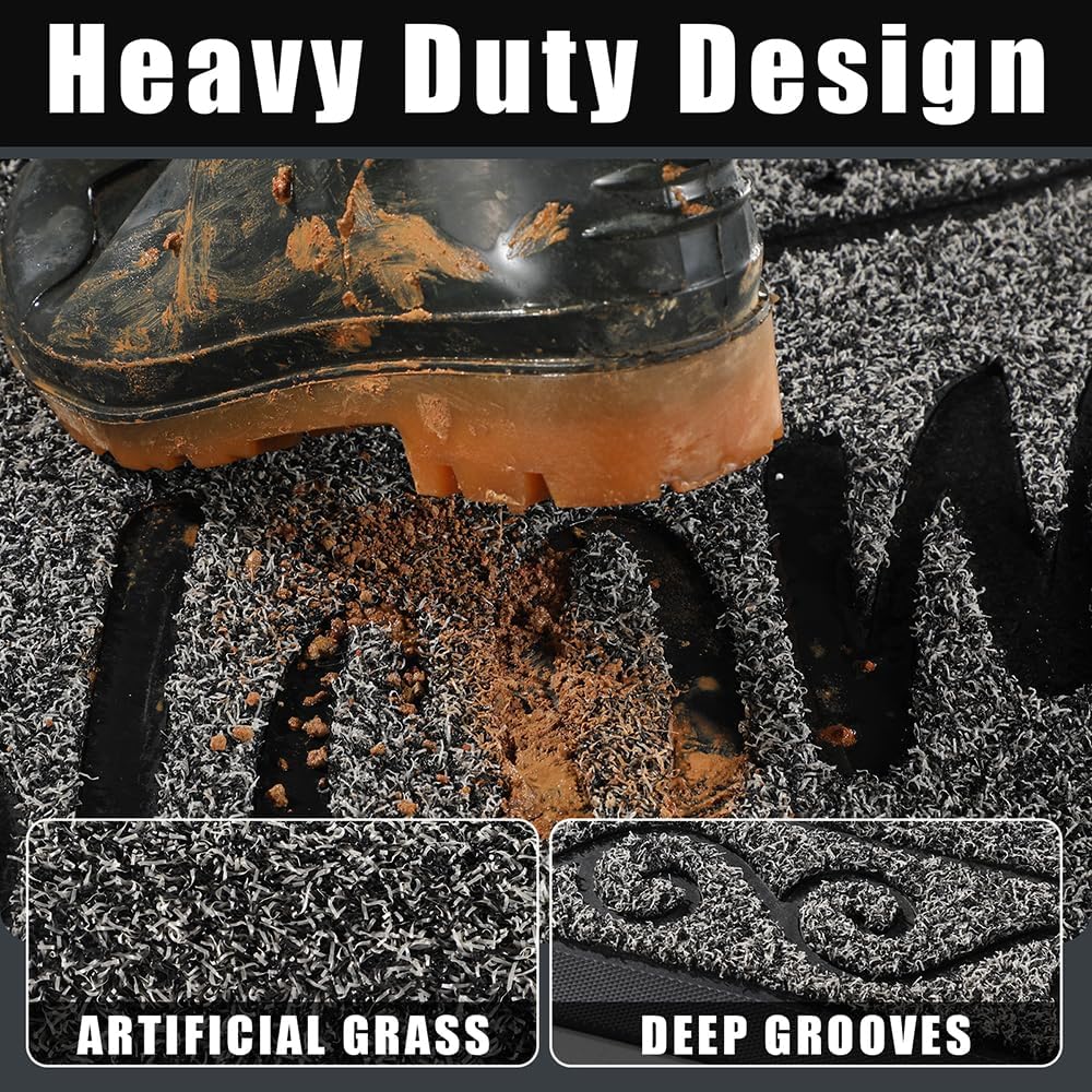 Welcome Mat, Heavy Duty Sturdy Door Mats for Home Entrance Outdoor Indoor, Front Doormat for Outside Patio Floor Entry Porch Garage Office, Waterproof, Low Profile, 29.5 x 17, Black Grey