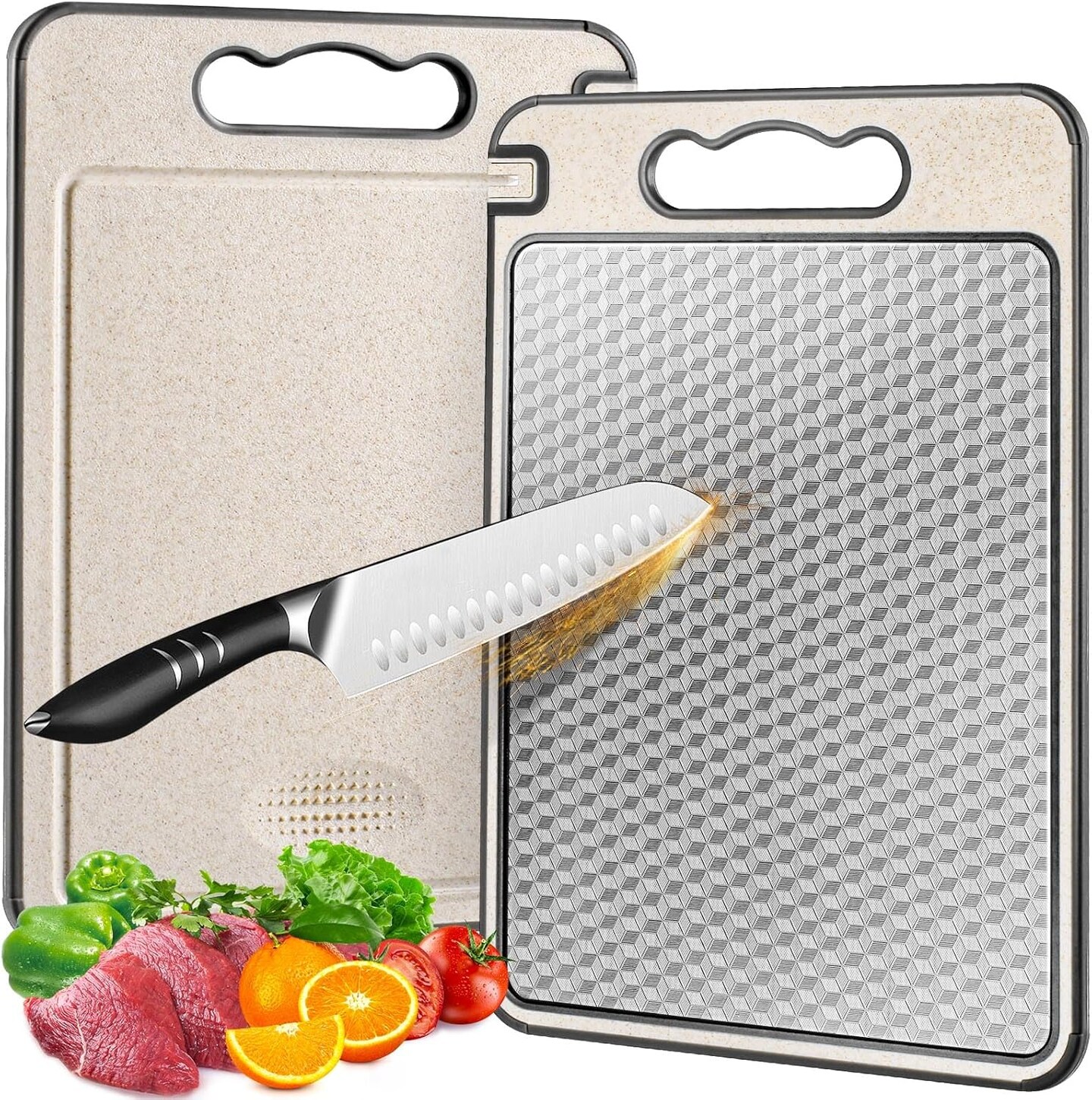 Stainless Steel Cutting Board for Kitchen, Non Toxic Large Chopping Board Double Sided Non-slip Scratch-resistant Mesh Design with Juice Groove Food-Grade Wheat Straw PP 15&#xD7;10 In Easy to Clean
