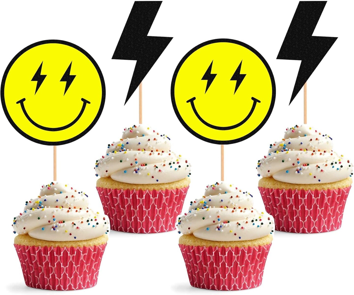 24PCS One Happy Dude Cupcake Toppers – Yellow Smiling Face & Black Lightning Picks, 1st Birthday, 6"x0.2"
