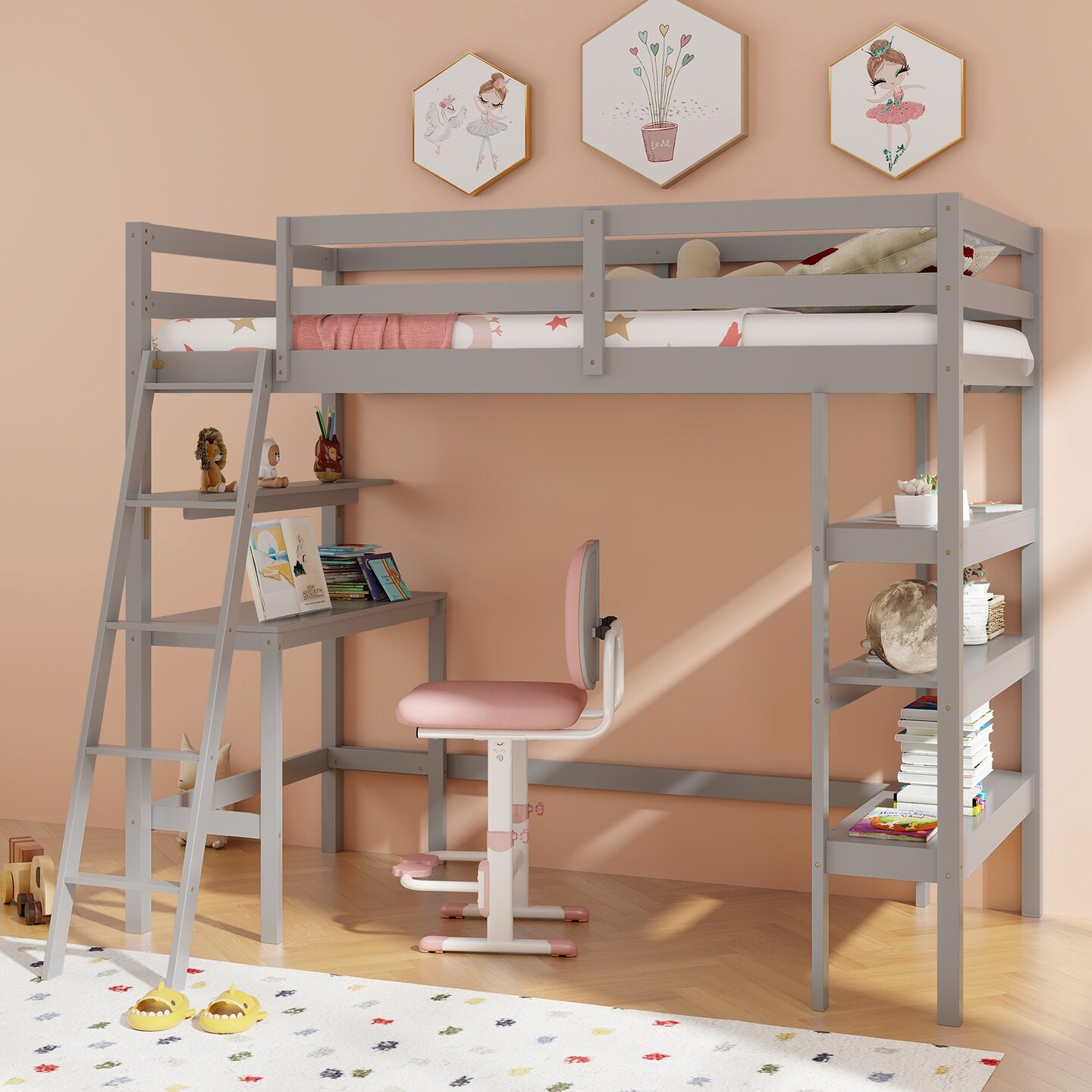 Twin Loft Bed with Desk and Bookshelves for Kids and Teens