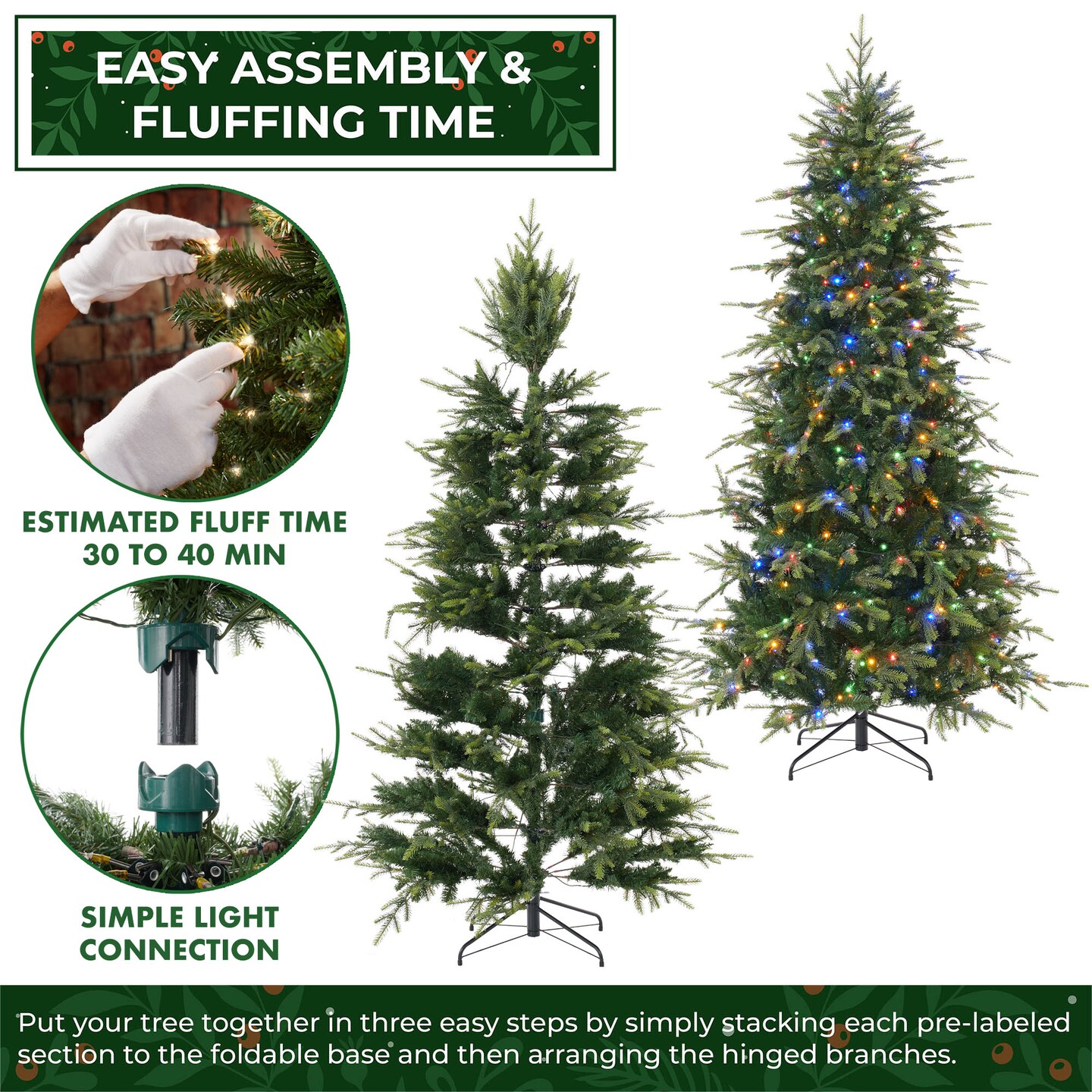 Casafield Pre-Lit Slim Aspen Fir Christmas Tree with White &#x26; Multicolored LED Lights, Realistic Artificial Noble Fir with Metal Stand