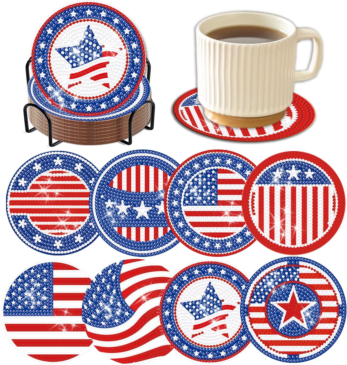8 Pcs Patriotic Diamond Coasters with Holder DIY 4th of July Diamond Art Coasters
