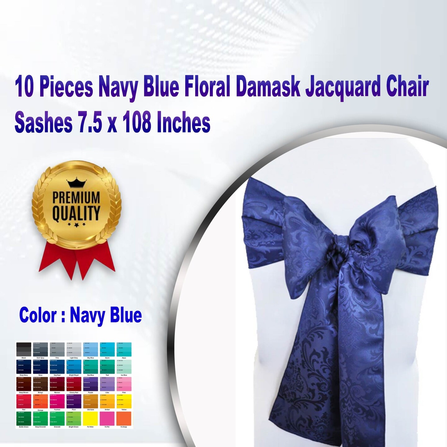 10 Pieces Navy Blue Floral Damask Jacquard Chair Sashes 7.5 x 108 Inches