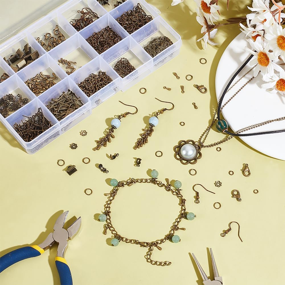 870 Pcs Jewelry Finding Kits with Lobster Claw Clasps (Antique Bronze-870 Pcs)