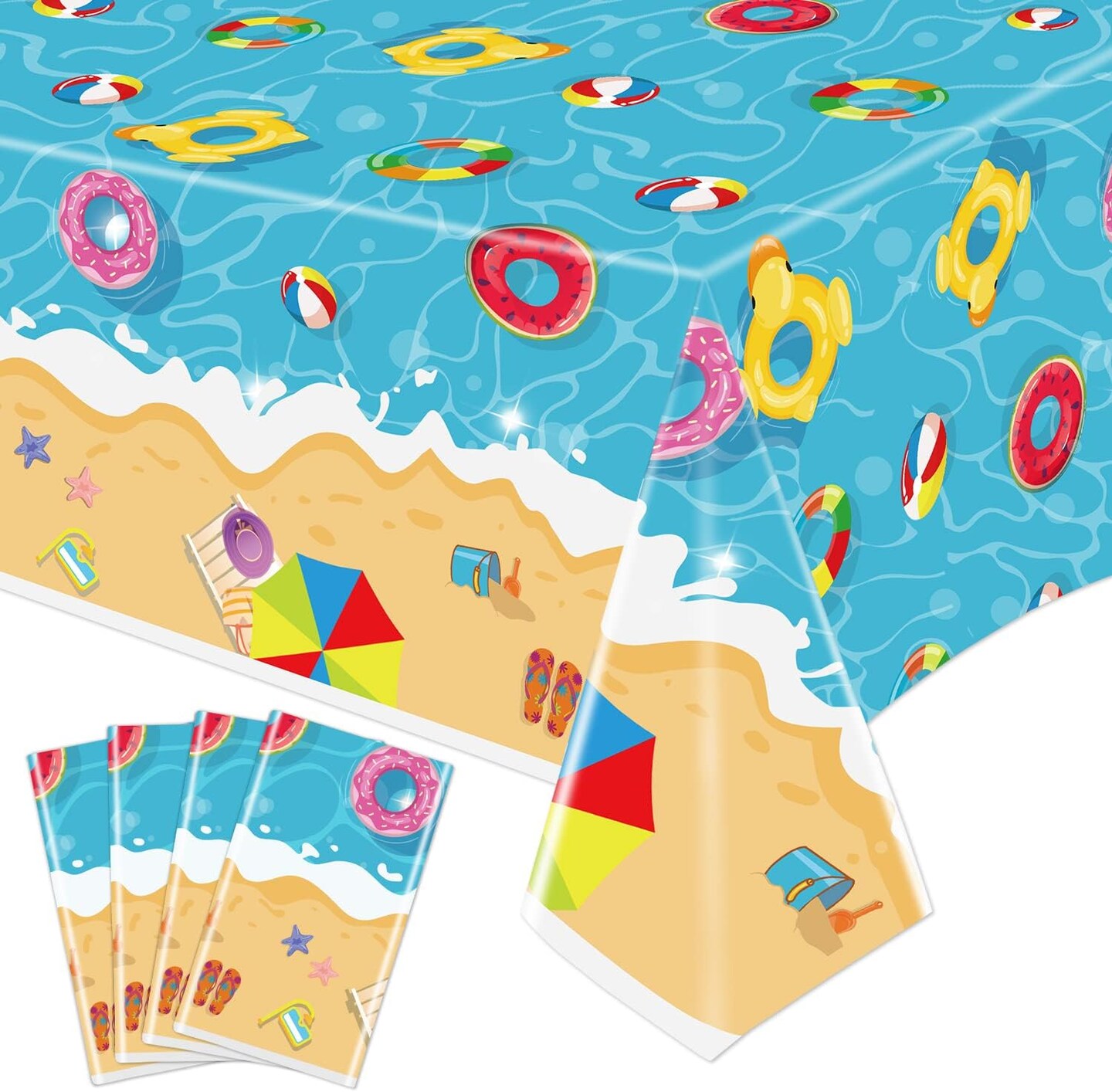 4 Pack Summer Beach Tablecloths - Hawaiian Decorations Disposable Plastic Table Cover