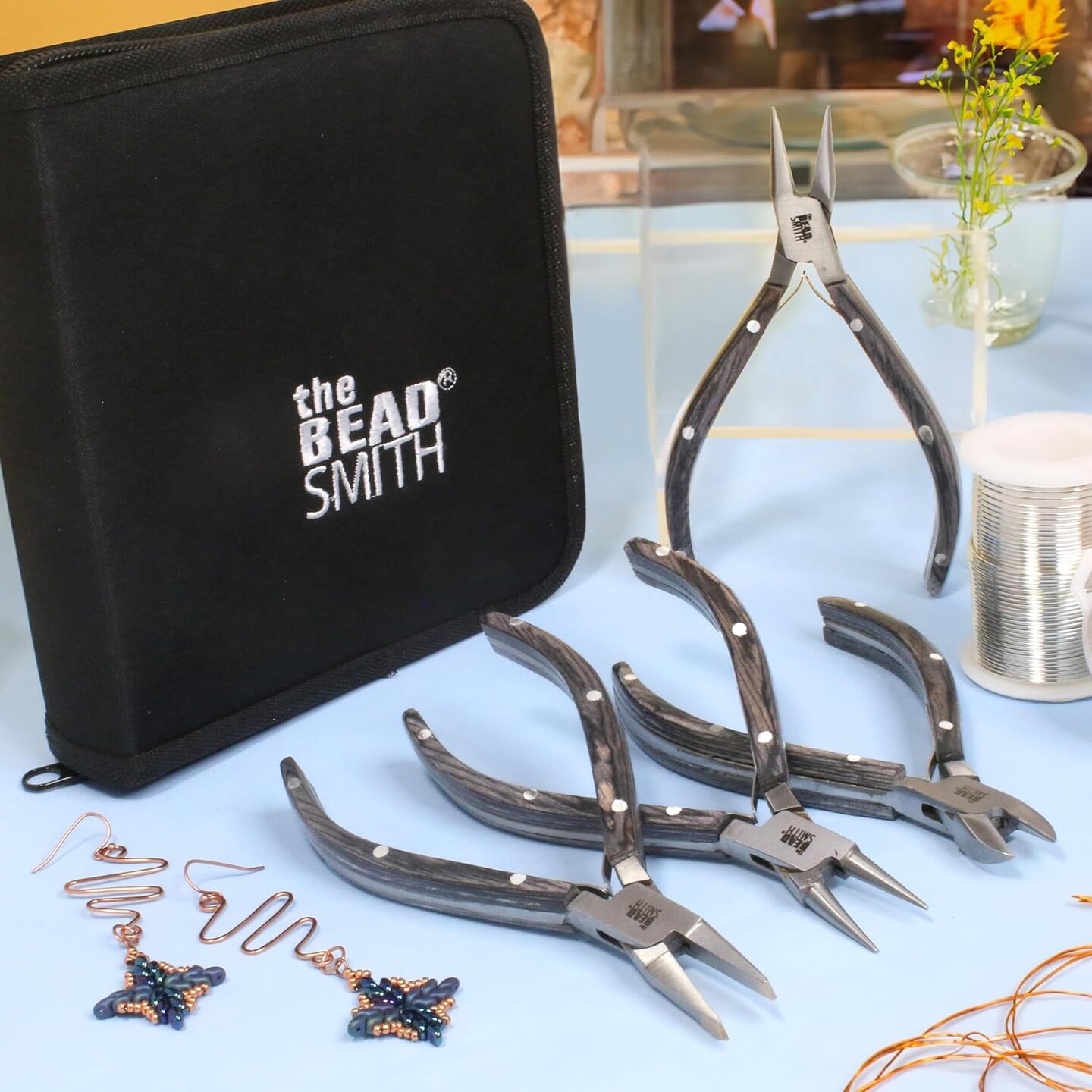 The Beadsmith Wooden Pliers Set - Natural Elements - Chain Nose, Round Nose, Flat Nose, Side Cutter and Canvas Carrying Case, Black Color, Tools for Jewelry Making