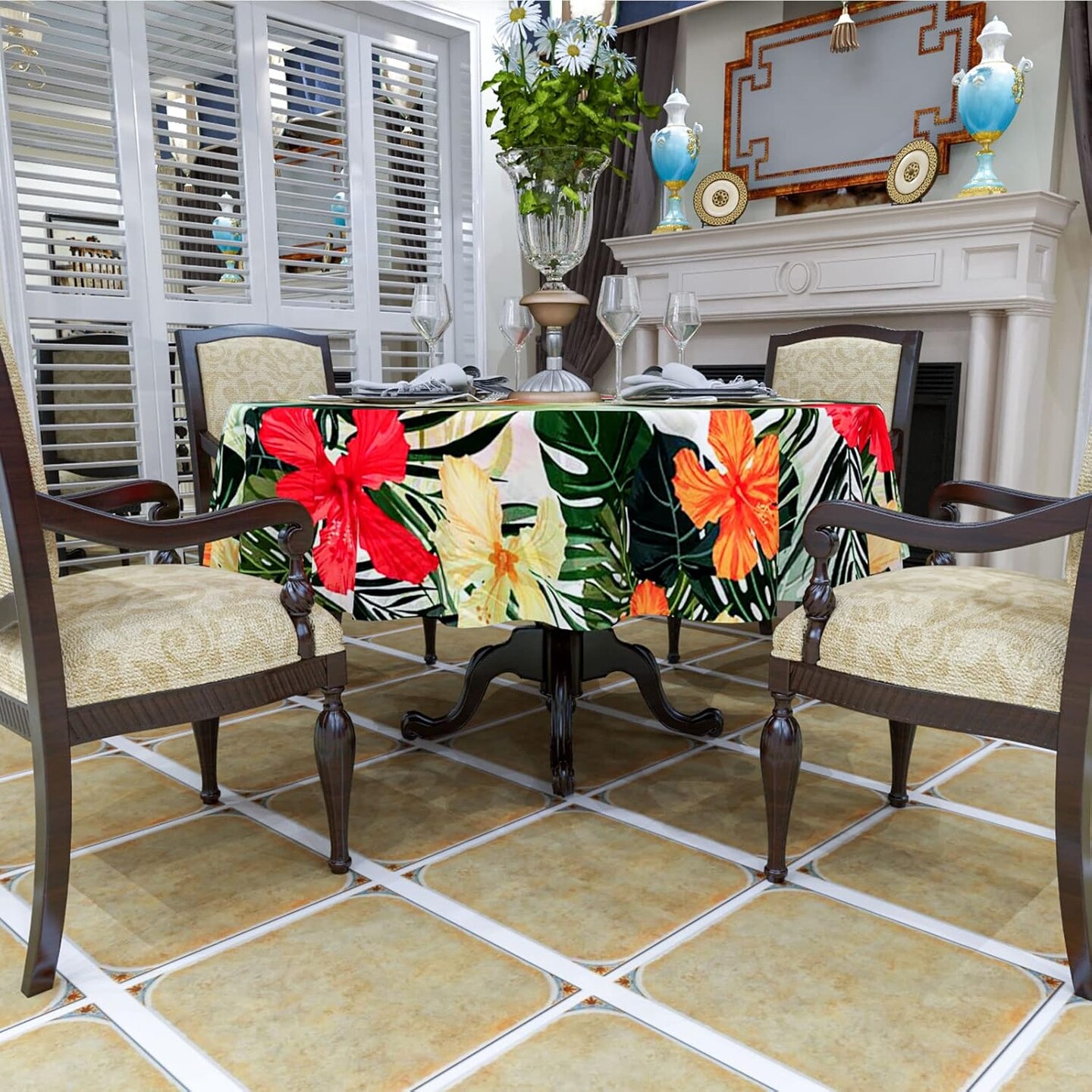 Tropical Round Tablecloth, Hawaiian Palm Tree Hibiscus Flowers Plants Tablecloths, Aloha/Luau Theme Party, Wipeable Waterproof Table Cloth for Family Dinners Patio Outdoor/Outside Events 50x50 Inch