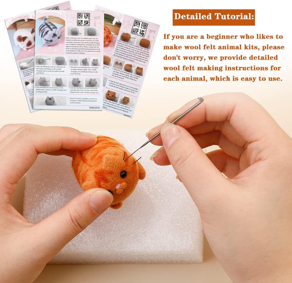 Needle Felting Kits, Needle Felting Starter Kit with Instructions, Felting Pad, Felting Wool, Felting Needles, Keychain and Split Ring for Craft Project and DIY Handmade