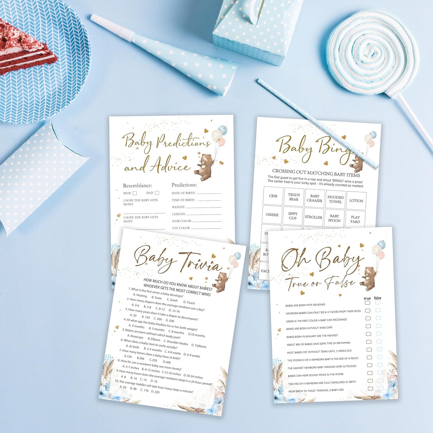 Baby Shower Game, 4 Games for 25 Guests, Baby Predictions and Advice, Baby Trivia, Oh Baby True Or False