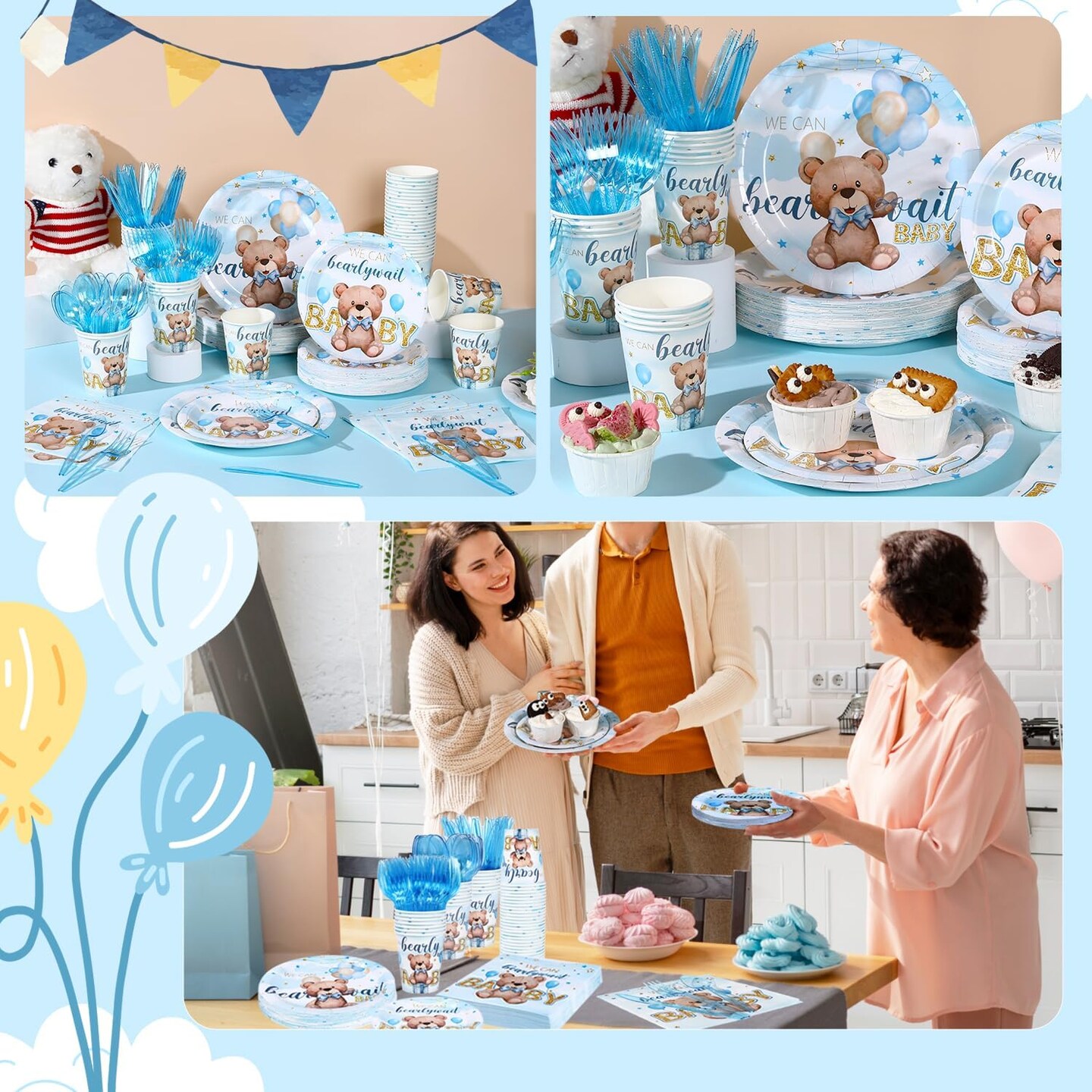 350 Bear Baby Shower Decorations for 50 Guests Include Paper Plate, Napkin, Cup and Disposable Plastic Tableware(Blue)