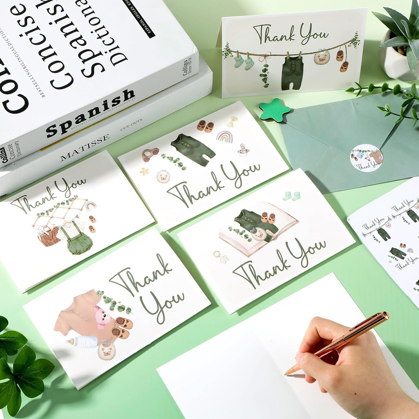48 Pack Baby Shower Thank You Cards Vintage Green Clothes Note Cards with Envelopes Stickers Sage Green