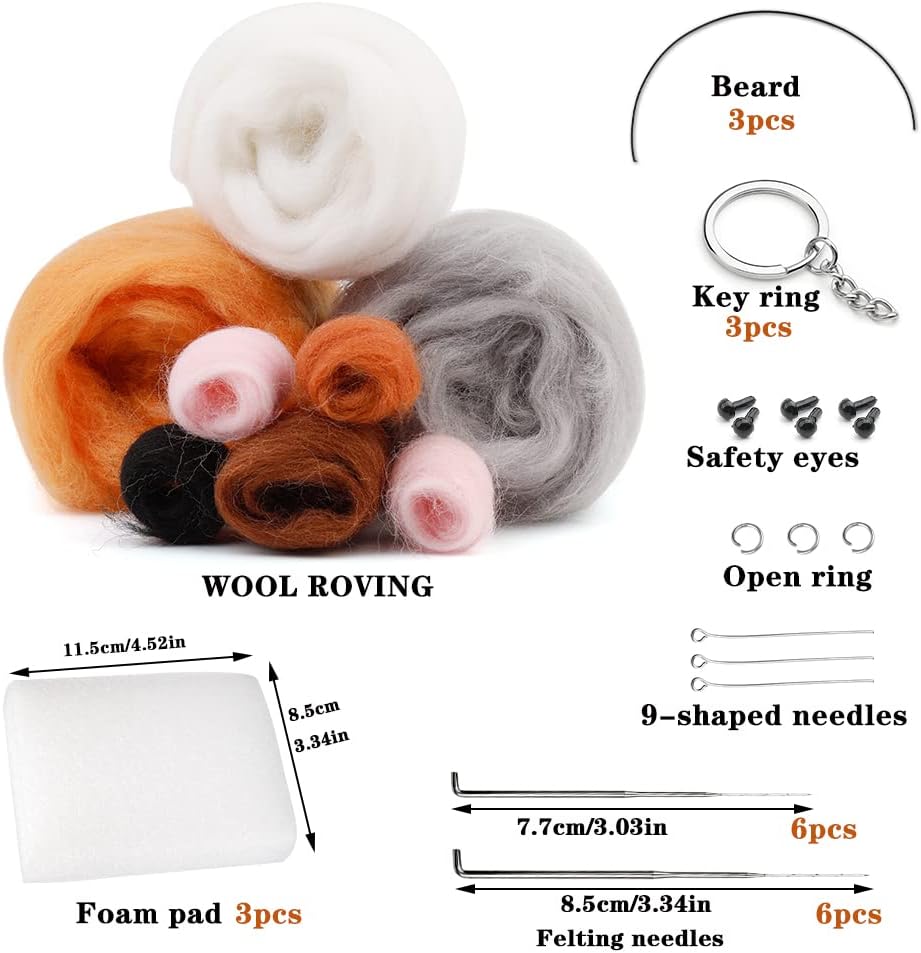 Needle Felting Kits, Needle Felting Starter Kit with Instructions, Felting Pad, Felting Wool, Felting Needles, Keychain and Split Ring for Craft Project and DIY Handmade