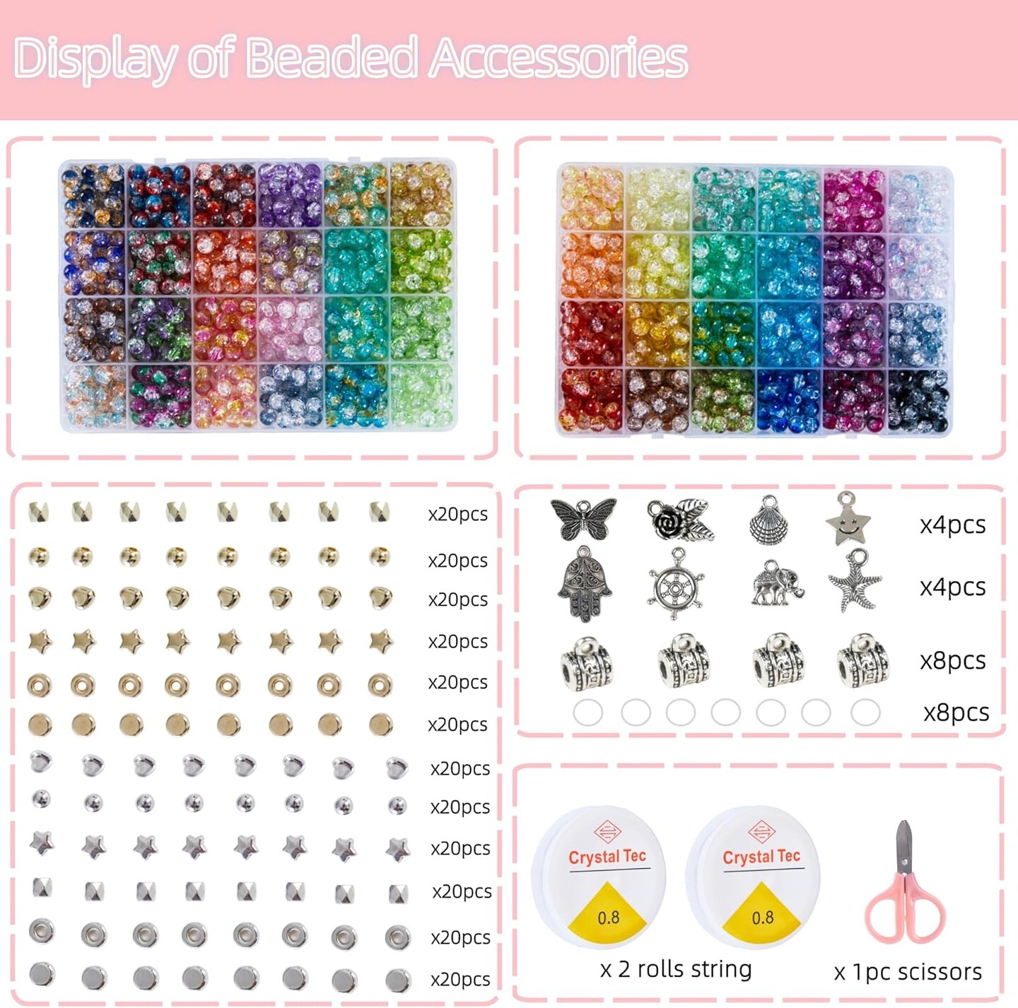 1300pcs 8mm Mixed Crackle Glass Beads – 48 Colors Crystal Kit for DIY Bracelets